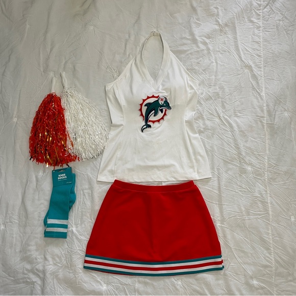 Miami Dolphins halter top, and cheerleader skirt with accessories - Picture 1 of 16